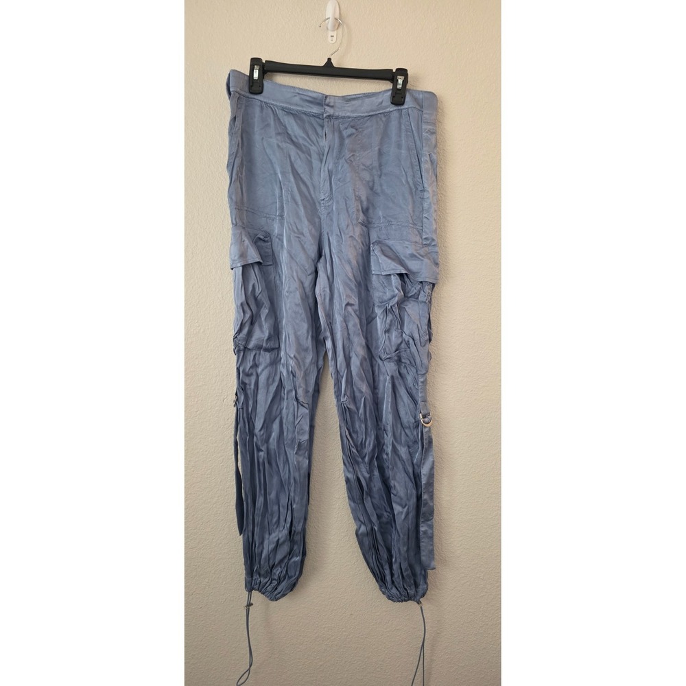Zara Pants Women's Large‎ Blue Satin Cargo Baggy Relaxed Loose Parachute Utility